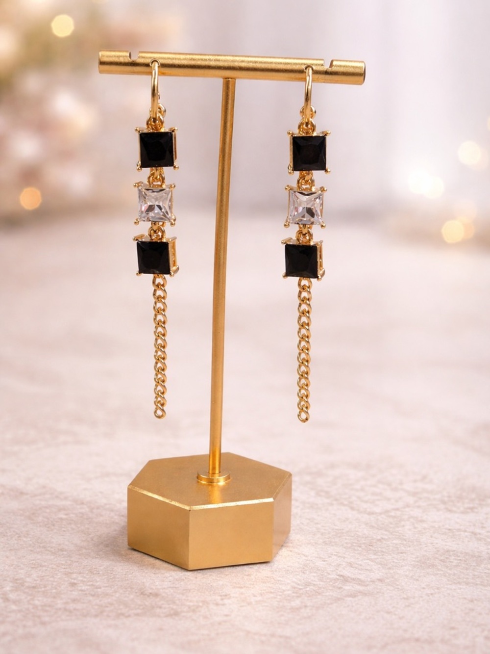 Gold Drop Earrings with Black and Clear cz’s 18k over copper 925 posts